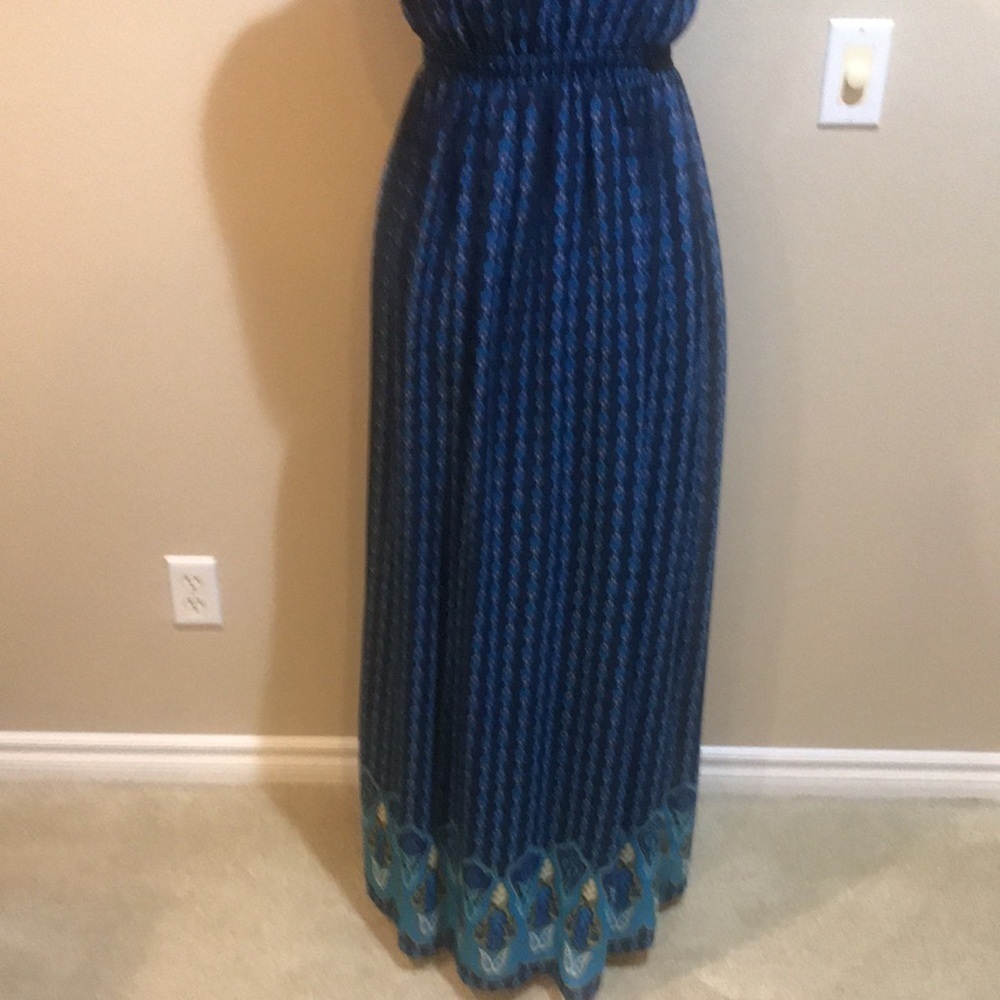 Mossimo Navy Blue/Turquoise/Gold Sleeveless V-Neck Elastic Waist Maxi Dress-M - Picture 4 of 13